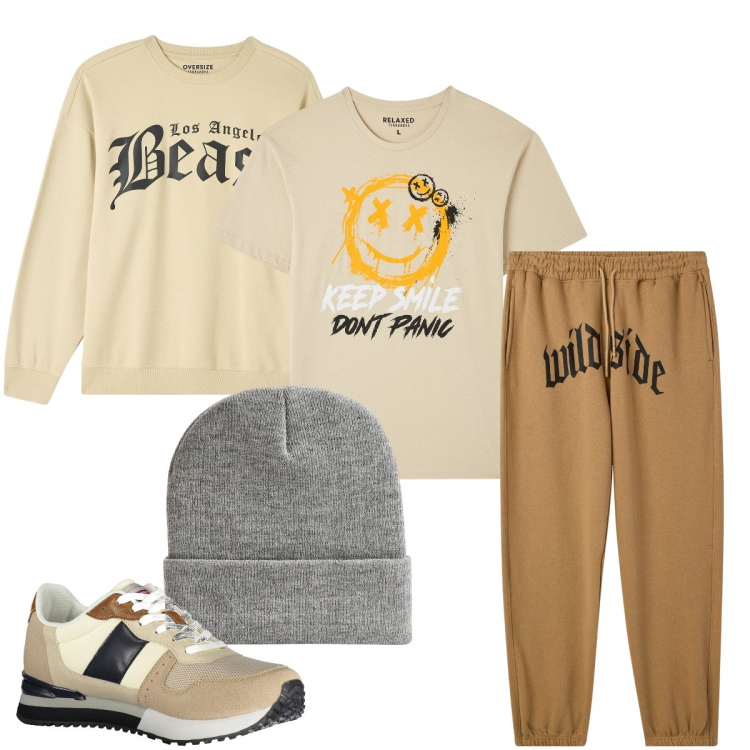 Outfit uomo - Scritte sugli indumenti. Stile Urban per Tutti i giorni. Abbinamento con felpe, t-shirt, berretti, pantaloni, sneakers.