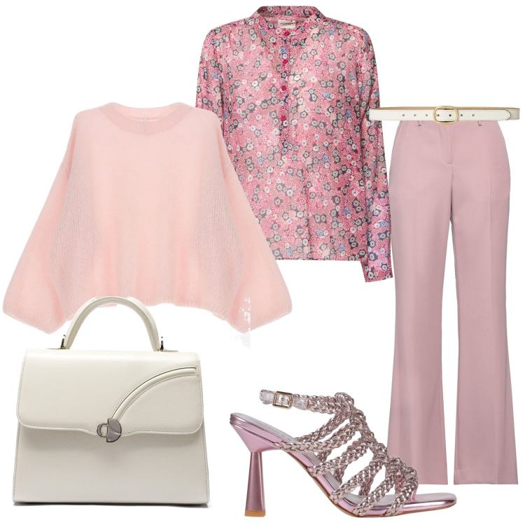 Outfit donna - Rosa chiaro e rosa scuro. Stile Casual per Ufficio. Abbinamento con pantaloni, infradito, pullovers, cinture, camicie, borse a mano.