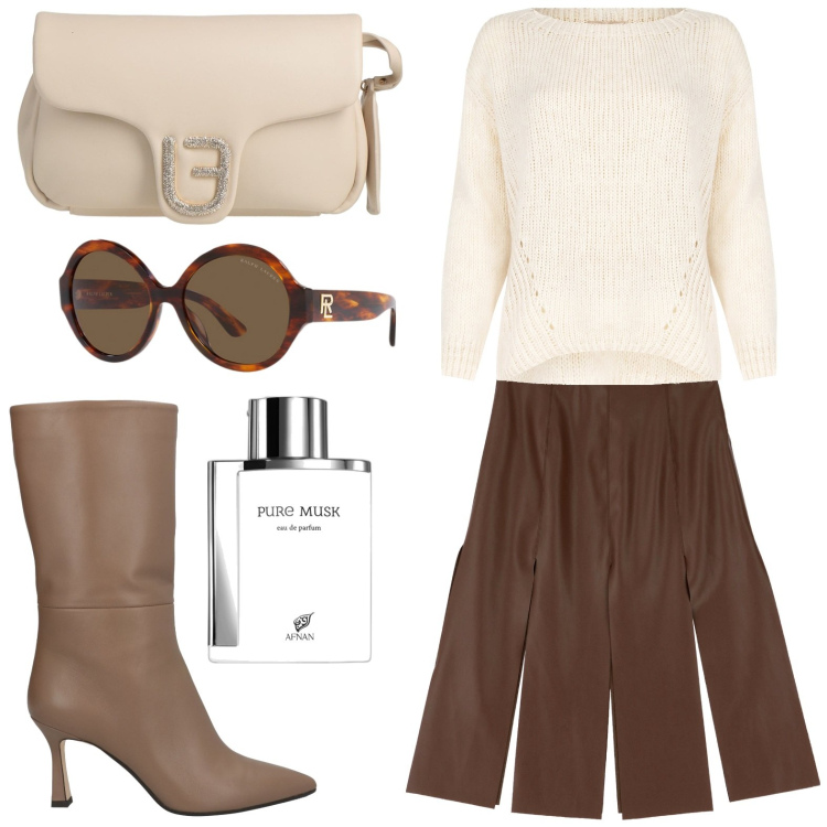 Outfit donna - Gonna a pieghe midi. Stile Bon Ton per Ufficio. Abbinamento con stivali, borse a mano, profumi, maglieria, gonne longuette, occhiali da sole.