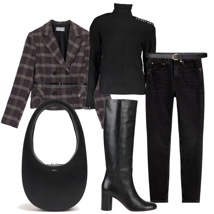 Outfit donna - Dark look. Stile Casual per Ufficio. Abbinamento con stivali, blazer, cinture, jeans slim fit, maglieria, borse a spalla.