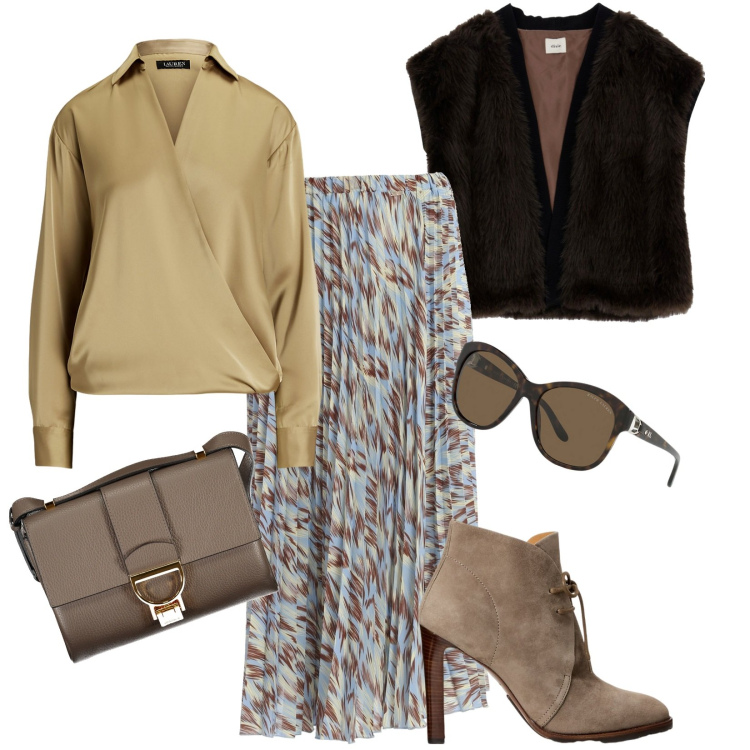 Outfit donna - Colori autunnali. Stile Trendy per Tutti i giorni. look ideale per Tall. Abbinamento con blazer, gonne longuette, occhiali da sole, stivaletti, camicie, borse a tracolla.