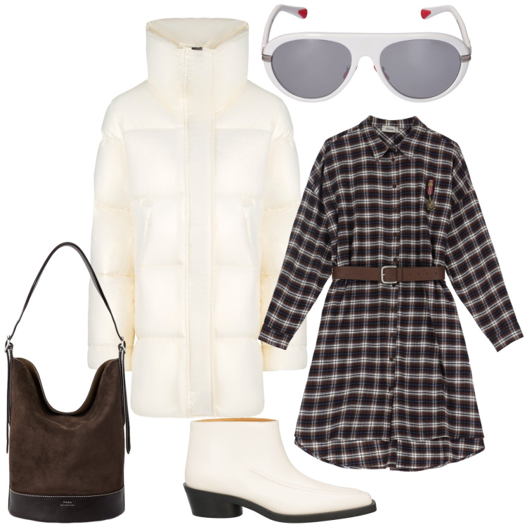 Outfit donna - Il piumino bianco. Stile Urban per Tutti i giorni. Abbinamento con stivaletti texani, vestiti corti, borse a secchiello, blazer, occhiali da sole.