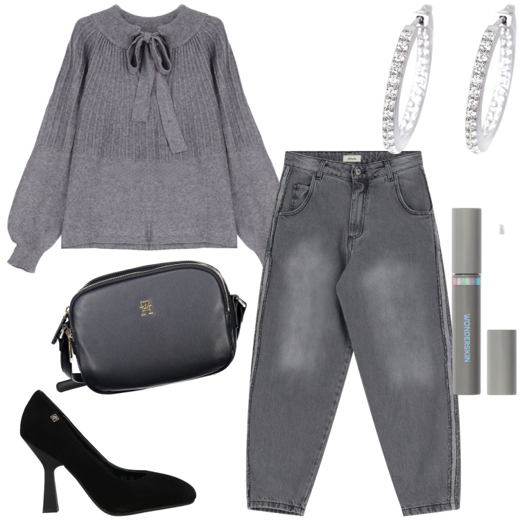 Outfit donna - Serata in grigio. Stile Glamour per Serata fuori. Abbinamento con décolleté, mascara, orecchini, jeans, pullovers, borse a tracolla.