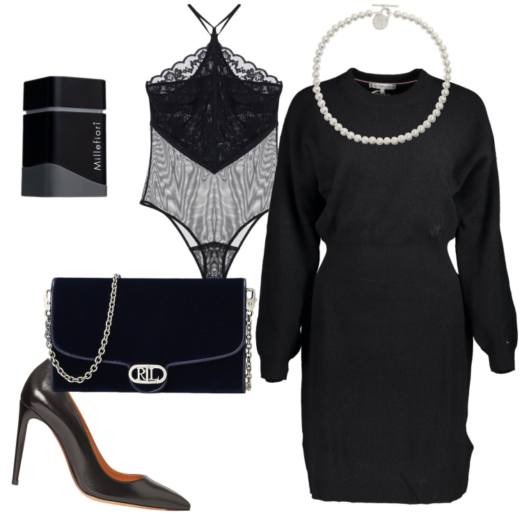 Outfit donna - Sexy bon ton. Stile Glamour per Serata fuori. Abbinamento con profumi, body, collane, décolleté, borse a tracolla, vestiti corti.