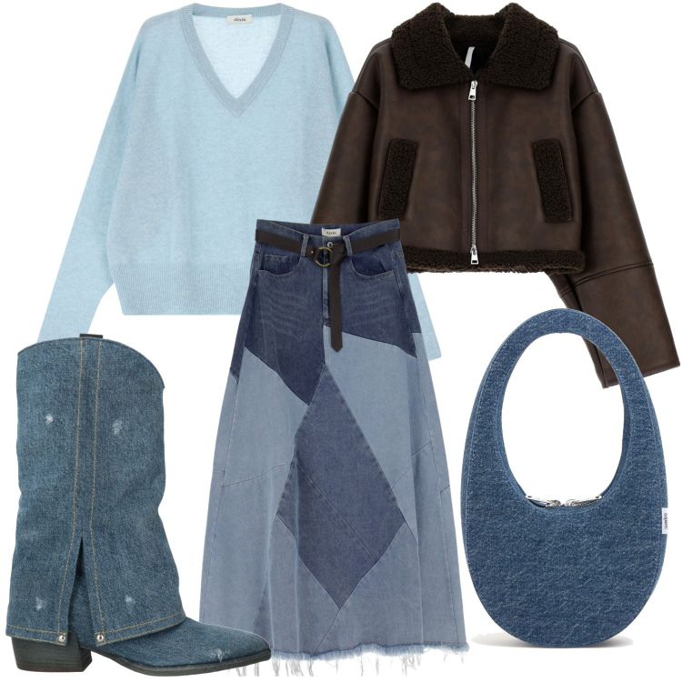 Outfit donna - Questione di denim. Stile Glamour per Tutti i giorni. Abbinamento con stivali, blazer, gonne longuette, pullovers, borse a mano.