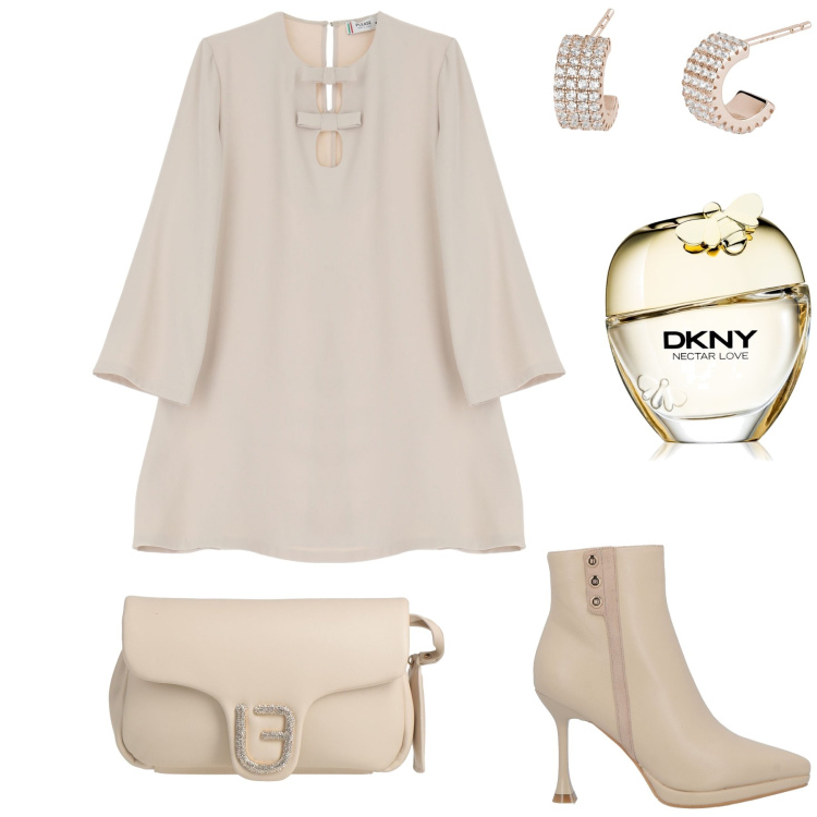 Outfit donna - Al ristorante. Stile Bon Ton per Serata fuori. Abbinamento con stivaletti, borse a mano, profumi, orecchini, vestiti corti.