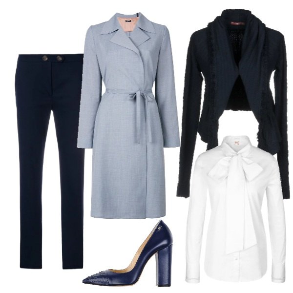 Outfit donna - Il cappotto avvolgente. Stile Chic per Ufficio. Abbinamento con cardigan senza tasche contrasto lavorato a maglia scollatura profonda a maniche lunghe tinta unita, décolleté con tacco squadrato a punta tinta unita, décolleté a punta tinta unita, cappotto con arricciature navy e blu, pantalone rosso e blu, blusa bianco.