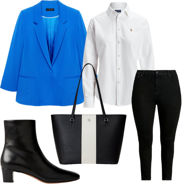 Outfit donna - Tote Karly a righe. Stile Urban per Ufficio. Abbinamento con camicie, jeans skinny, borse tote, stivaletti, blazer.