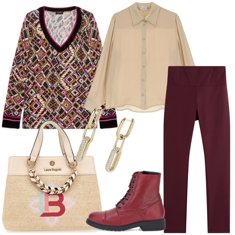 Outfit donna - Total look #1987388. Stile Casual chic per Ufficio. Abbinamento con camicie, orecchini, leggings, anfibi, maglieria, borse a mano.