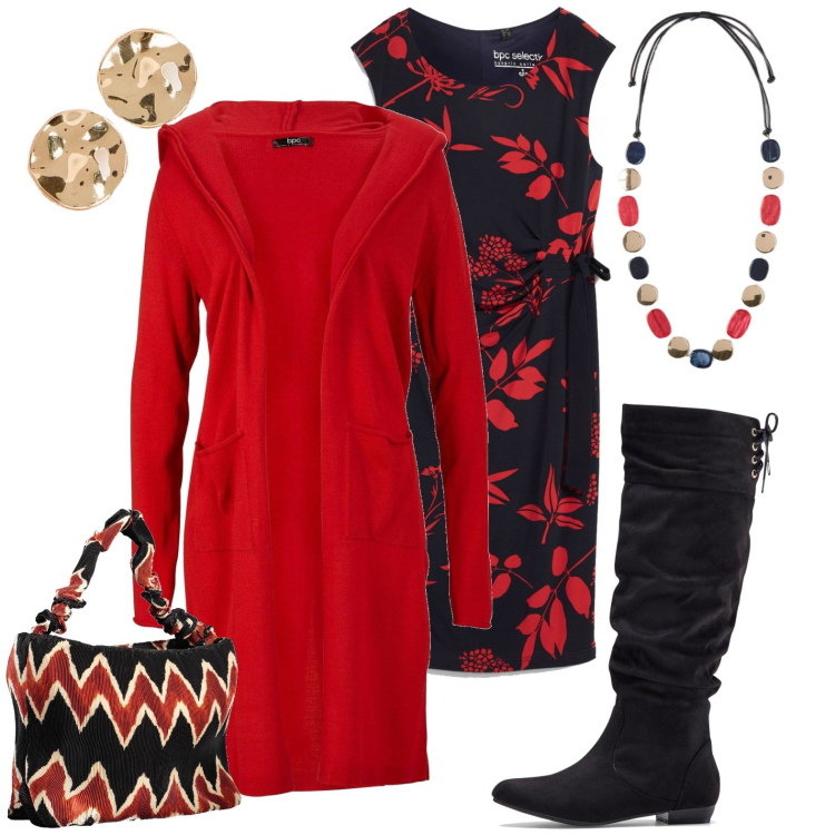 Outfit donna - Total look #1987393. Stile Casual per Tutti i giorni. Abbinamento con stivali, cardigans, vestiti, borse a spalla, orecchini, collane.