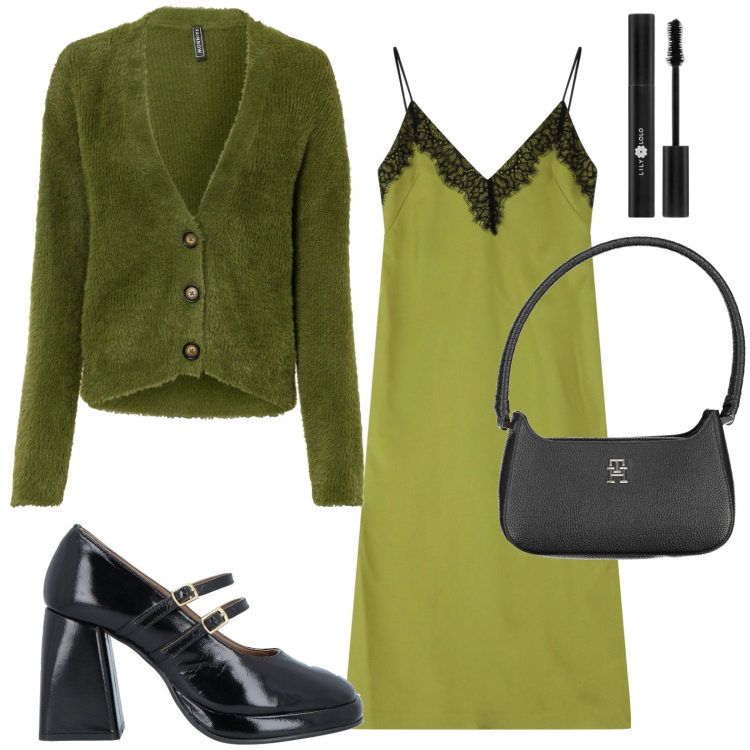 Outfit donna - Dettagli in pizzo. Stile Bon Ton per Serata fuori. Abbinamento con cardigans, décolleté, mascara, vestiti midi/longuette, borse a spalla.