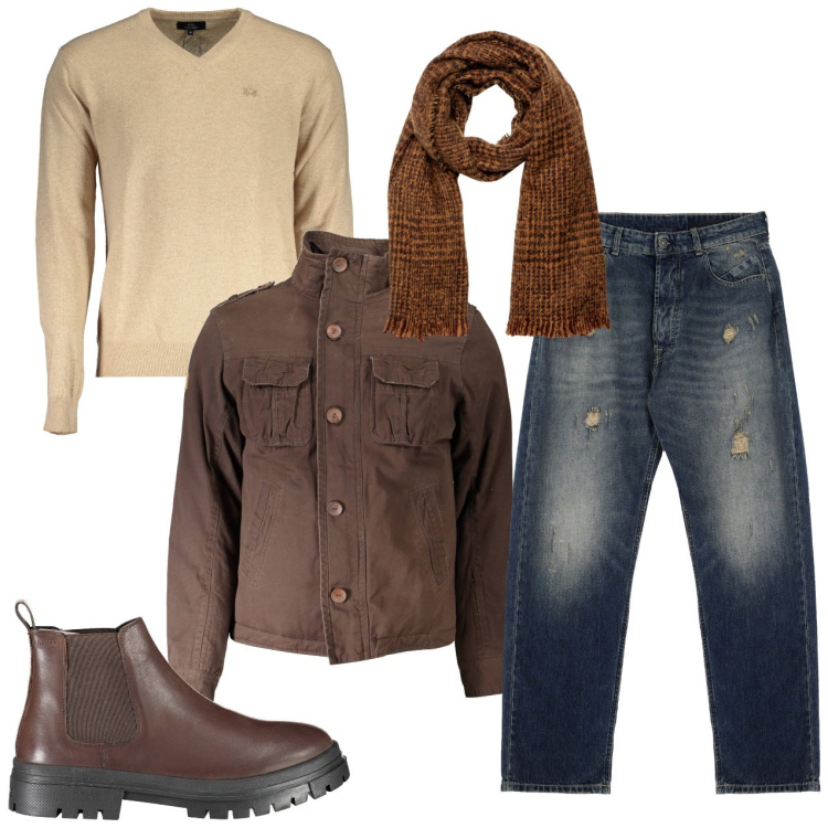 Outfit uomo - Giovedì. Stile Casual per Tutti i giorni. Abbinamento con jeans strappati, sciarpe, giacche, stivali, maglieria.