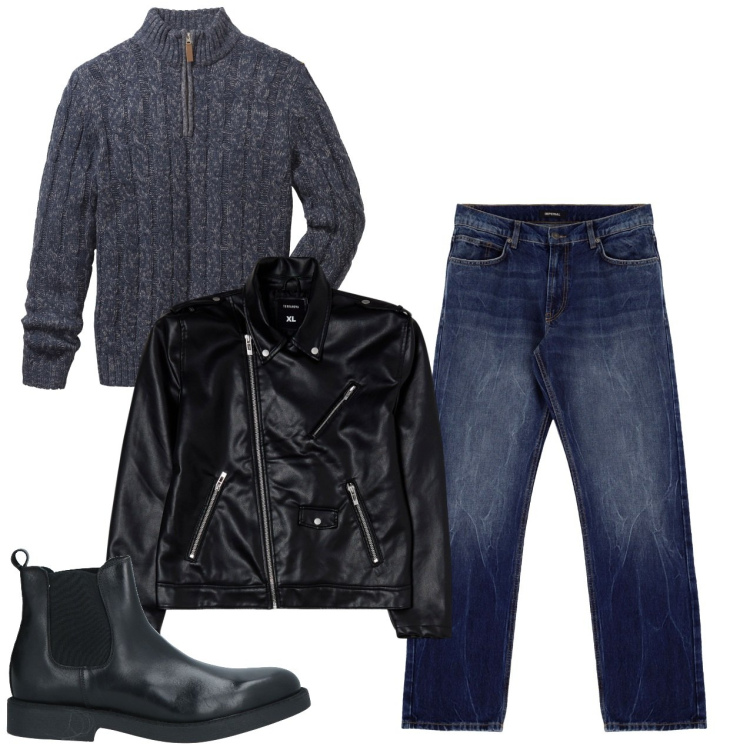 Outfit uomo - Domenica. Stile Urban per Tutti i giorni. Abbinamento con maglieria, stivali e stivaletti, giacche, jeans dritti.