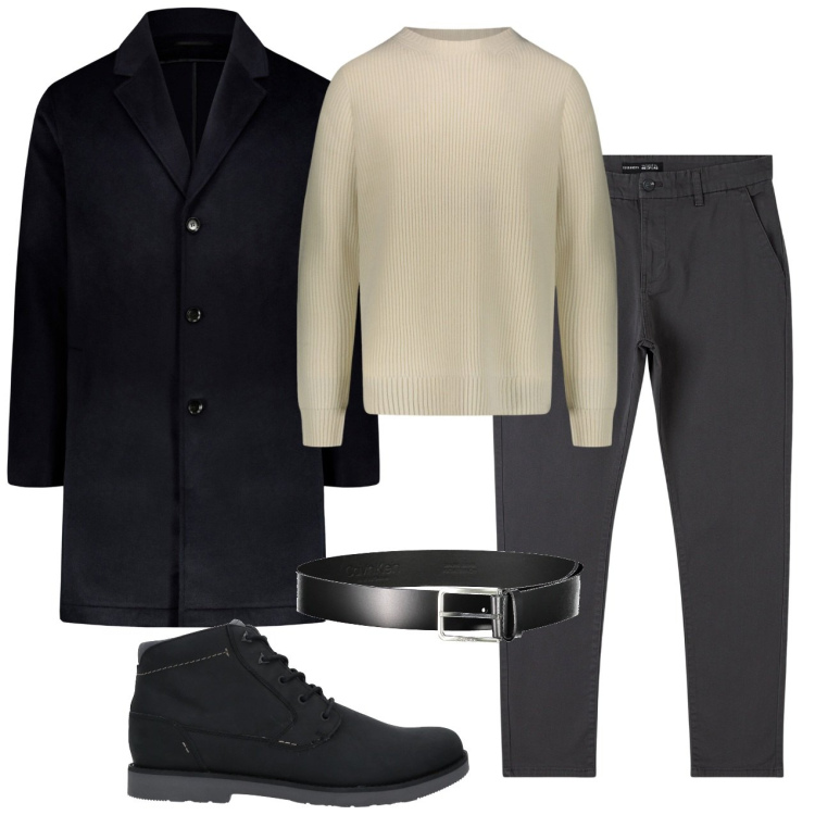 Outfit uomo - In centro. Stile Urban per Tutti i giorni. Abbinamento con stivali e stivaletti, pantaloni chino, maglieria, cappotti, cinture.