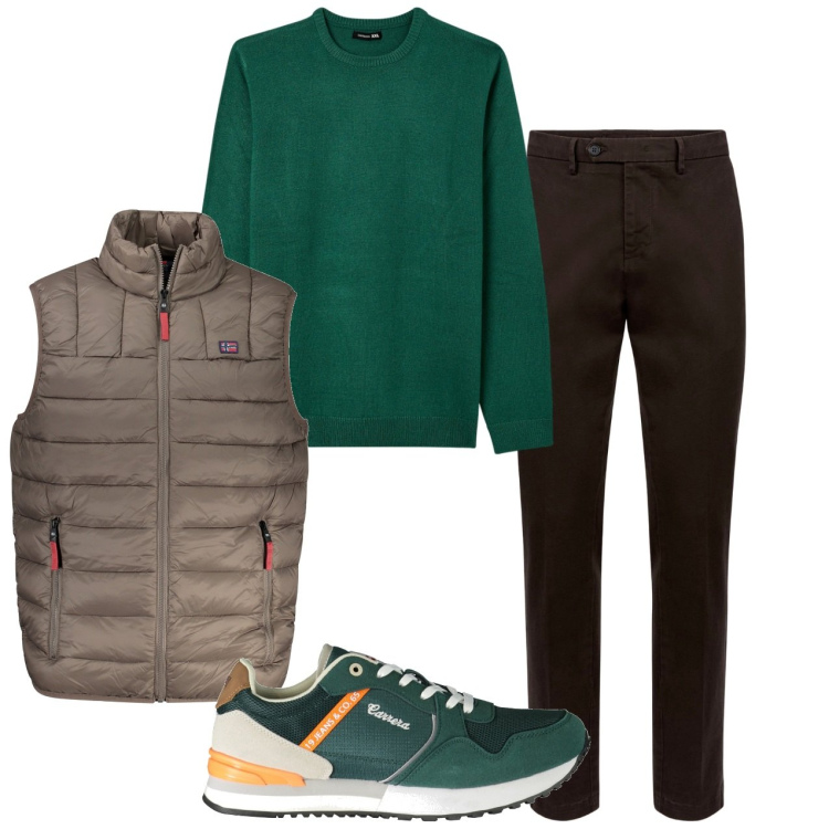 Outfit uomo - Verde smeraldo e fango. Stile Urban per Tutti i giorni. Abbinamento con maglieria, pantaloni chino, sneakers, giacche.