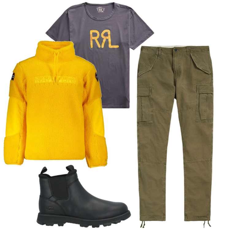 Outfit uomo - Yellow. Stile Urban per Tutti i giorni. Abbinamento con stivali e stivaletti, t-shirt, pantaloni cargo, felpe.