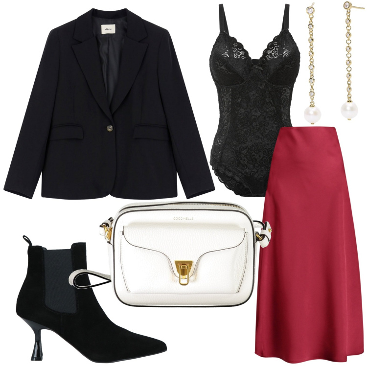 Outfit donna - Il body sexy in pizzo. Stile Glamour per Serata fuori. Abbinamento con body, stivaletti, orecchini, gonne longuette, blazer, borse a tracolla.