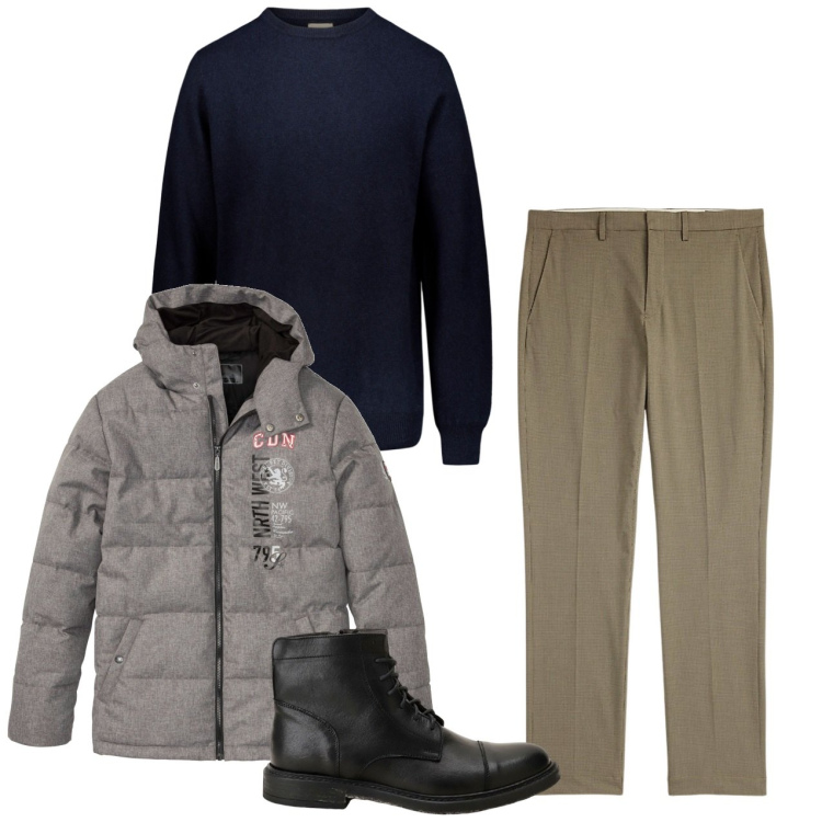 Outfit uomo - In città con il freddo. Stile Casual per Tutti i giorni. Abbinamento con giacche, stivali e stivaletti, pantaloni, maglieria.