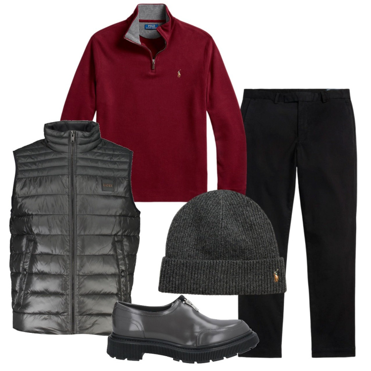 Outfit uomo - Borgogna sul nero. Stile Casual per Tutti i giorni. Abbinamento con scarpe stringate, berretti, pullovers, pantaloni, giacche.