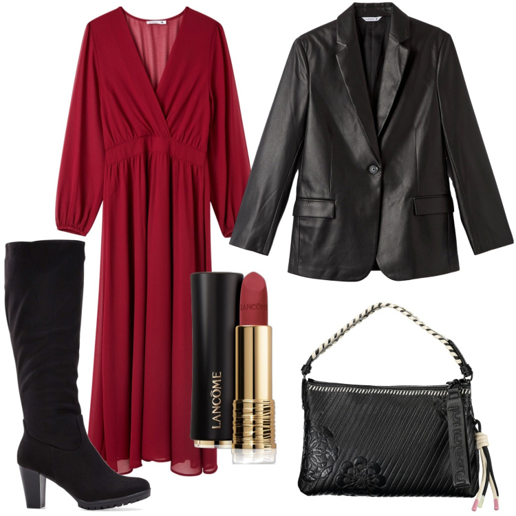 Outfit donna - Giacca effetto pelle. Stile Glamour per Serata fuori. Abbinamento con stivali, rossetti, vestiti lunghi, blazer, borse a spalla.