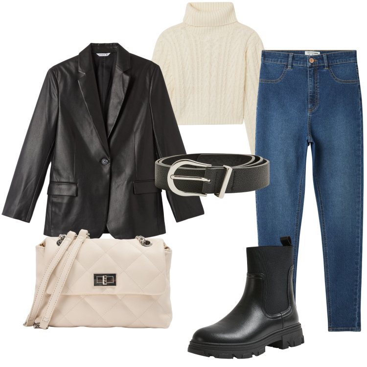 Outfit donna - Total Terranova. Stile Casual per Tutti i giorni. Abbinamento con cinture, blazer, jeggings, borse a spalla, maglieria, stivaletti chelsea.