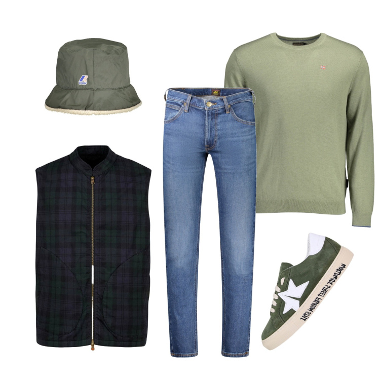 Outfit uomo - Total look #1987455. Stile Casual per Tutti i giorni. Abbinamento con sneakers, piumini, cappelli, jeans dritti, maglieria.