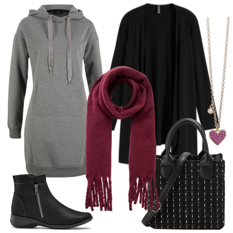 Outfit donna - Comoda sopra la 50. Stile Casual chic per Tutti i giorni. Abbinamento con vestiti, cardigans, stivaletti, shopping bag, sciarpe, collane.
