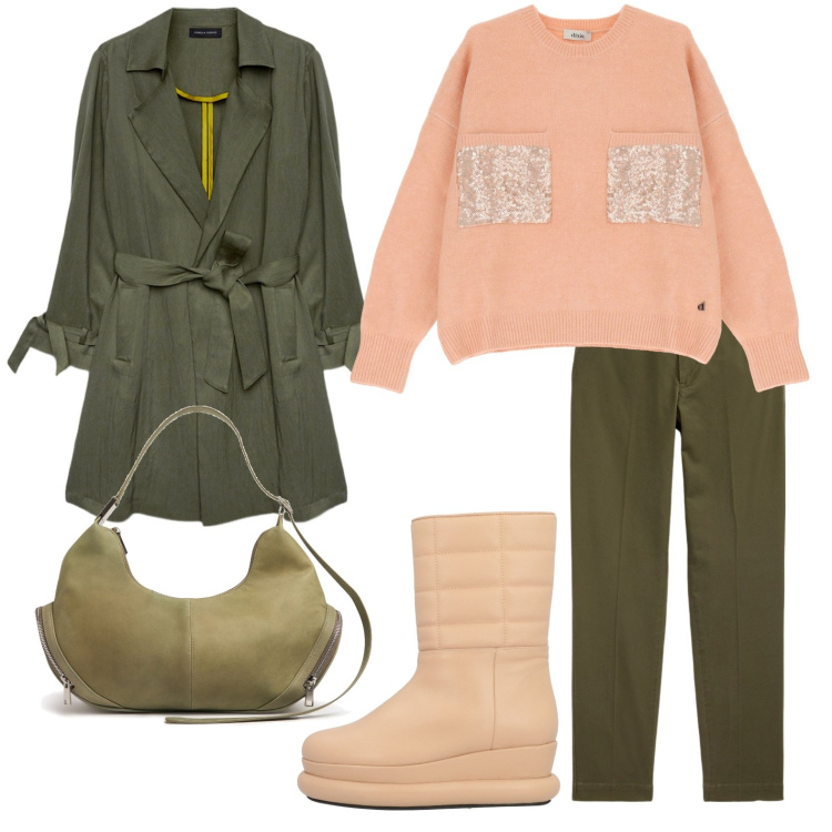 Outfit donna - Trench leggero sfoderato. Stile Casual chic per Tutti i giorni. Abbinamento con stivaletti, pantaloni chino, pullovers, trench, borse a spalla.