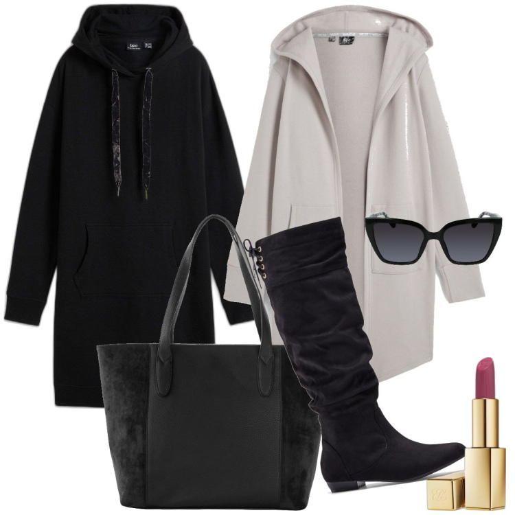 Outfit donna - Easy-chich sopra la 50. Stile Casual chic per Tutti i giorni. Abbinamento con vestiti, blazer, shopping bag, stivali, rossetti, occhiali da sole.
