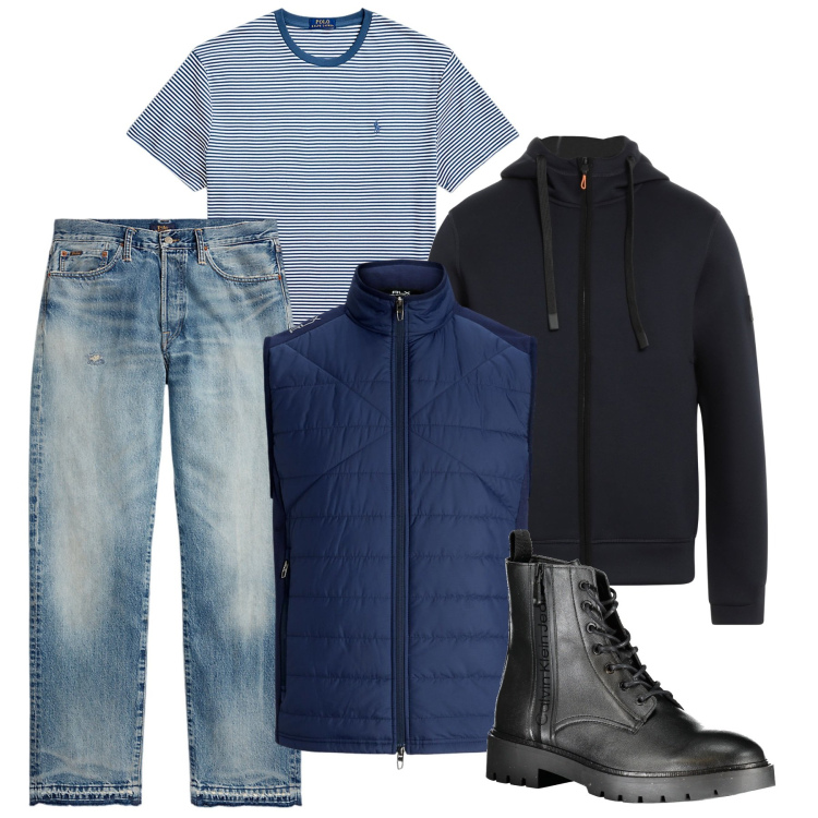 Outfit uomo - In centro. Stile Casual per Tutti i giorni. Abbinamento con felpe con cappuccio, t-shirt, jeans dritti, piumini, stivali.