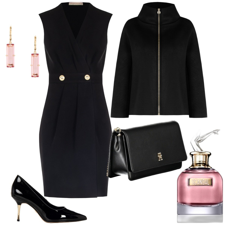 Outfit donna - Il tubino nero. Stile Chic per Serata fuori. Abbinamento con profumi, vestiti senza maniche, cappe, décolleté, orecchini, borse a tracolla.