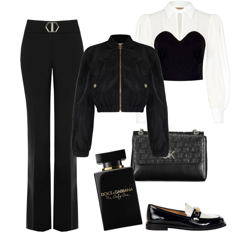 Outfit donna - Blusa con bustier. Stile Casual chic per Serata fuori. Abbinamento con profumi, bluse, bomber, pantaloni, mocassini, borse a spalla.