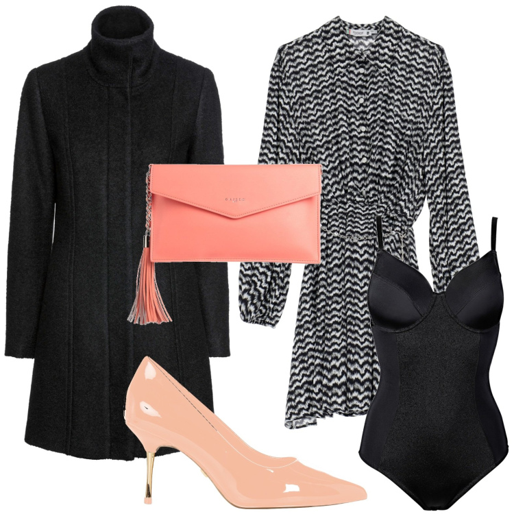Outfit donna - Abito chemisier con stampa. Stile Chic per Serata fuori. Abbinamento con body, cappotti, borse a mano, décolleté, vestiti chemisier.