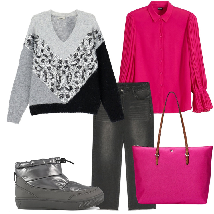 Outfit donna - Paillettes e animalier. Stile Casual per Tutti i giorni. Abbinamento con camicie, maglieria, borse tote, stivaletti, jeans.