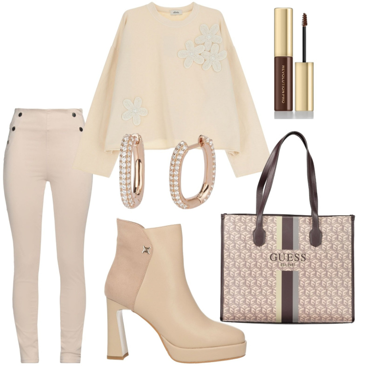 Outfit donna - Felpa con applicazioni floreali. Stile Chic per Serata fuori. Abbinamento con stivaletti, pantaloni, mascara, orecchini, felpe, borse a spalla.