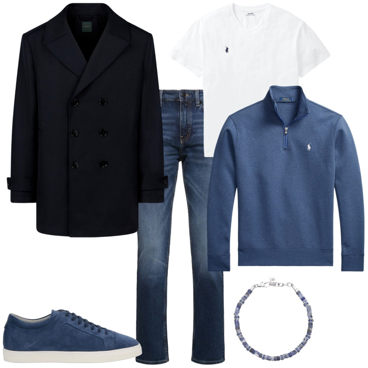 Outfit uomo - Total look #1987526. Stile Trendy per Tutti i giorni. Abbinamento con sneakers, braccialetti, pullovers, t-shirt, jeans, caban.