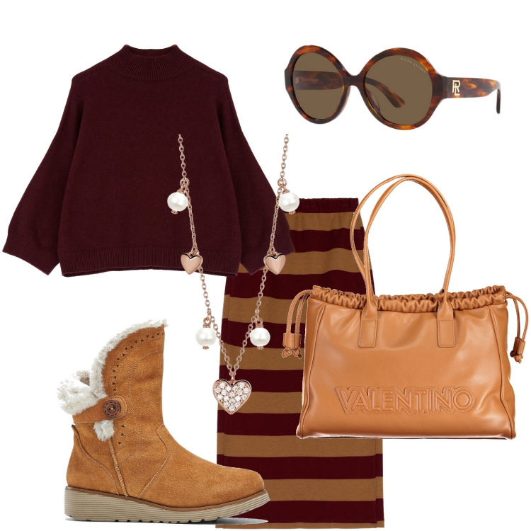 Outfit donna - La gonna a righe vivaci. Stile Casual chic per Ufficio. Abbinamento con stivali, collane, gonne longuette, pullovers, occhiali da sole, borse a spalla.