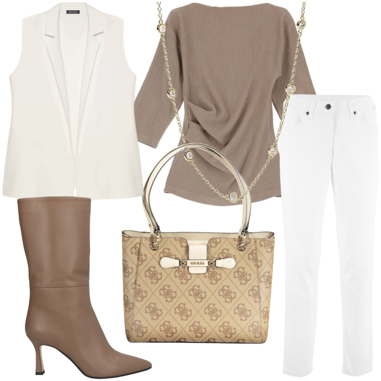 Outfit donna - Girocollo luminoso. Stile Chic per Ufficio. Abbinamento con stivali, pantaloni, collane, top, gilet, borse a spalla.