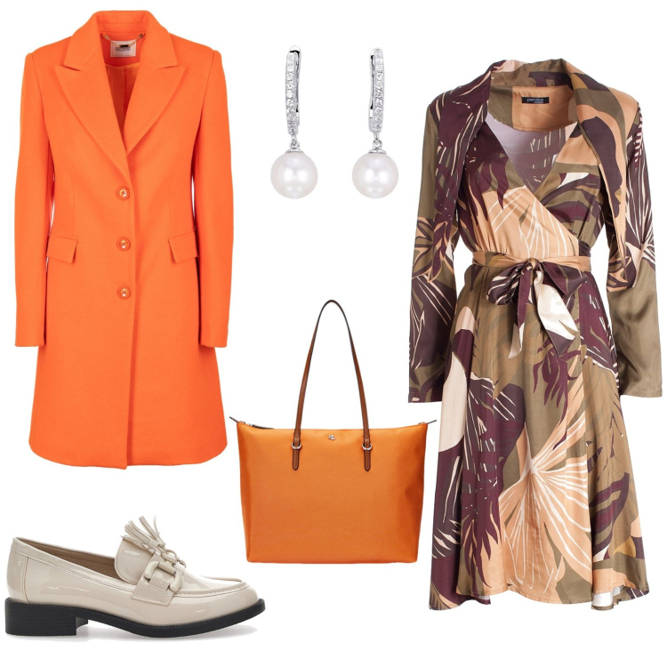 Outfit donna - Total look #1987552. Stile Bon Ton per Ufficio. Abbinamento con orecchini, vestiti midi/longuette, cappotti, borse tote, mocassini.
