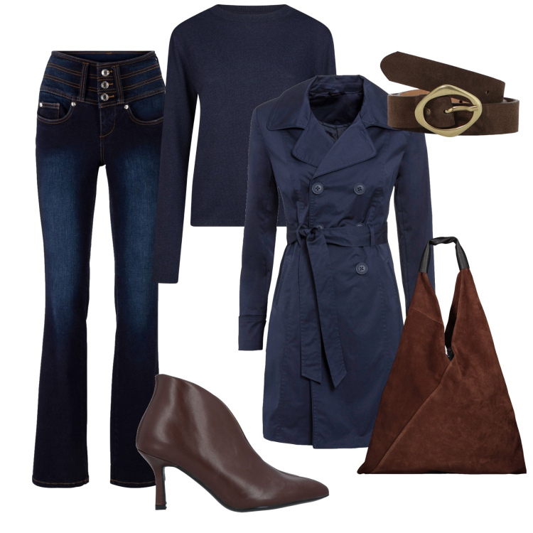 Outfit donna - I jeans bootcut modellanti. Stile Casual per Tutti i giorni. Abbinamento con jeans bootcut, trench, stivaletti, cinture, borse a spalla, maglieria.