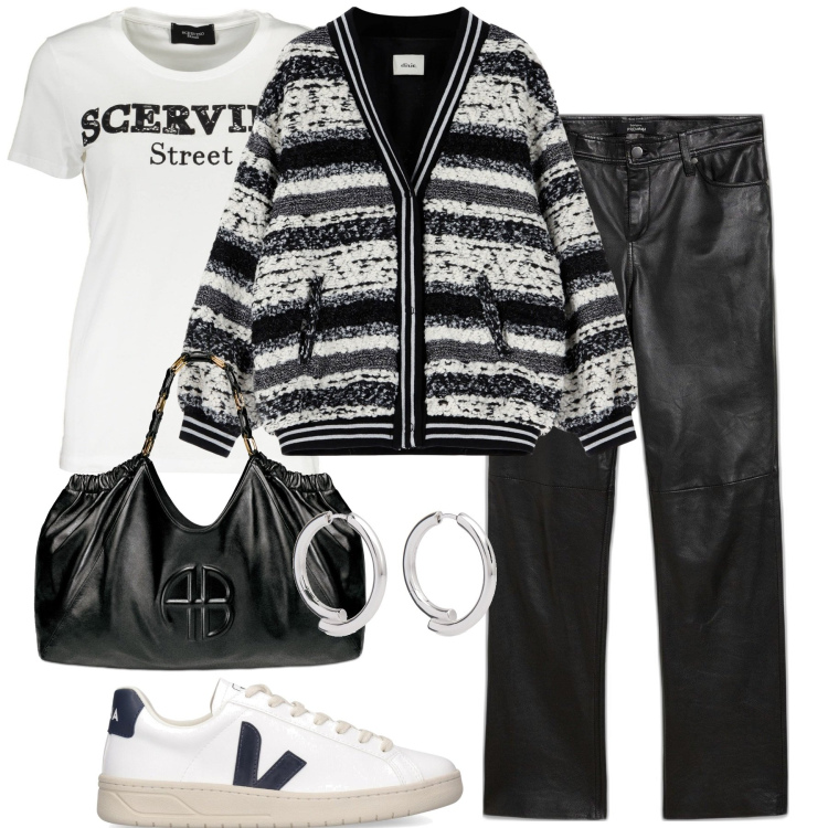 Outfit donna - City. Stile Urban per Tutti i giorni. Abbinamento con pantaloni, bomber, t-shirt, shopping bag, orecchini, sneakers.