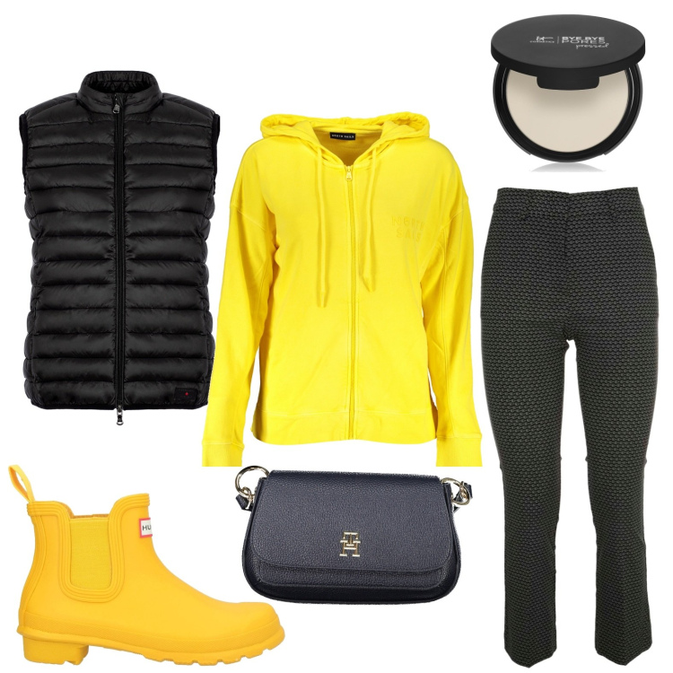 Outfit donna - Giallo vivace. Stile Glamour per Tutti i giorni. Abbinamento con stivaletti, ciprie, piumini, pantaloni, borse a tracolla, felpe con cappuccio.