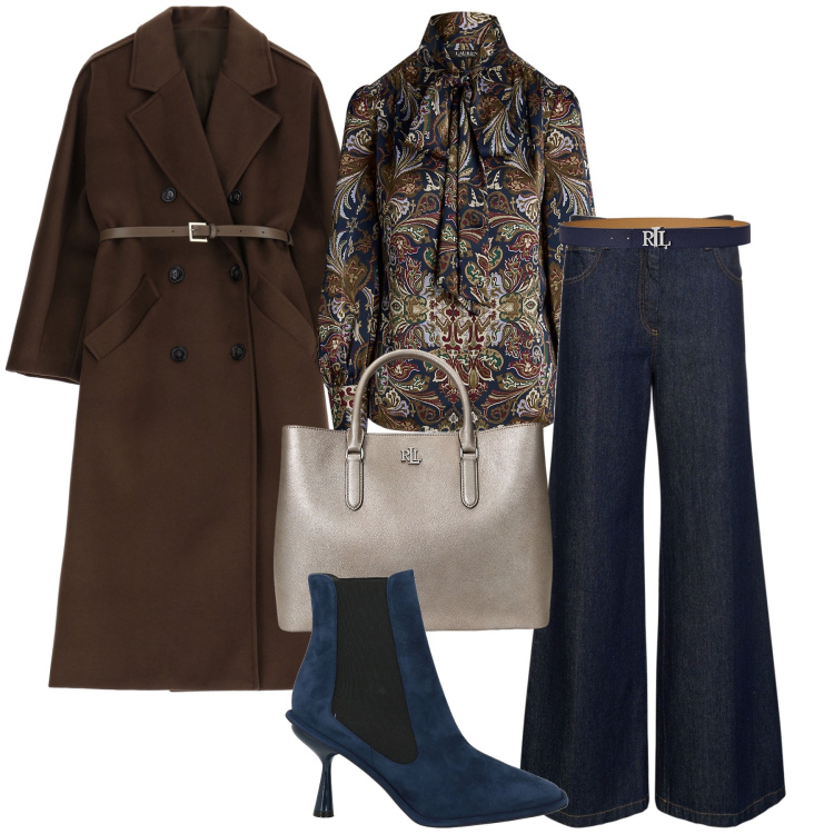 Outfit donna - Blueberry with chocolate and silver. Stile Casual chic per Tutti i giorni. Abbinamento con stivaletti chelsea, cappotti, cinture, camicie, borse a mano, pantaloni.