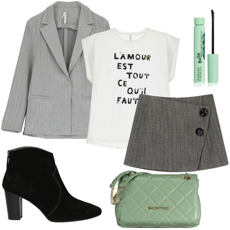 Outfit donna - L\'amour est tout. Stile Glamour per Serata fuori. Abbinamento con stivaletti, mascara, maglieria, blazer, minigonne, borse a spalla.