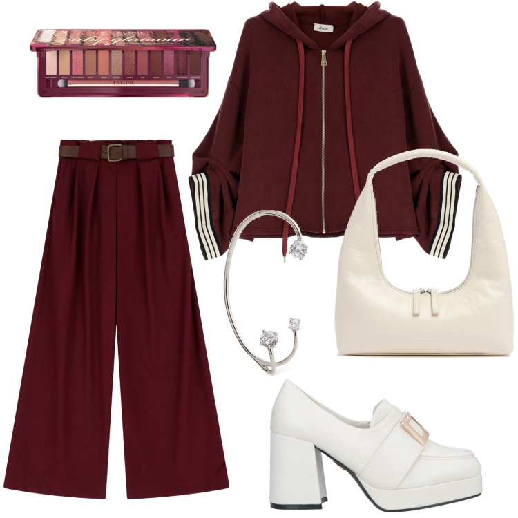 Outfit donna - Mocassini con tacco alto. Stile Sporty chic per Tutti i giorni. Abbinamento con mocassini, ombretti, felpe con cappuccio, pantaloni a palazzo, orecchini, borse a spalla.