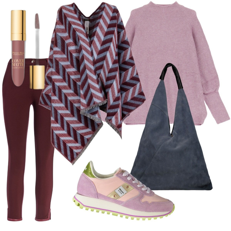 Outfit donna - Bordeaux per tutti i giorni. Stile Casual per Tutti i giorni. Abbinamento con rossetti, cappe, pantaloni skinny, maglieria, sneakers, borse a spalla.