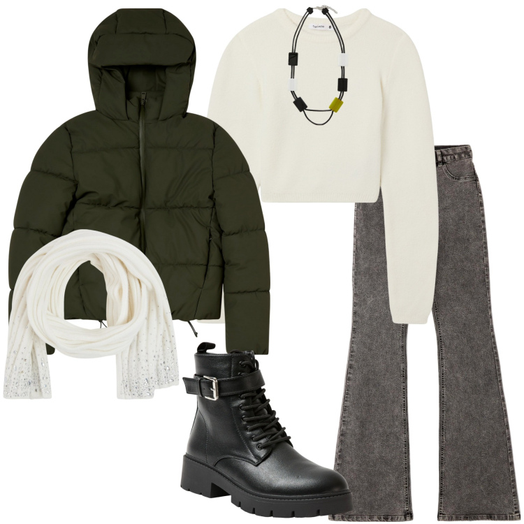 Outfit donna - A lezione. Stile Casual per Scuola/Università. Abbinamento con collane, maglieria, jeggings, anfibi, blazer, sciarpe.