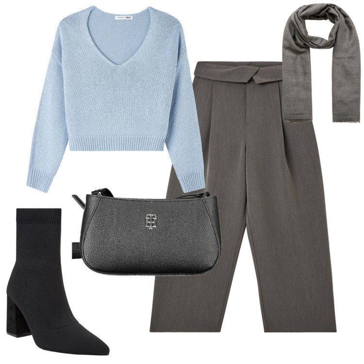 Outfit donna - In ufficio. Stile Urban per Tutti i giorni. Abbinamento con pantaloni, maglieria, stivaletti, sciarpe, borse a tracolla.