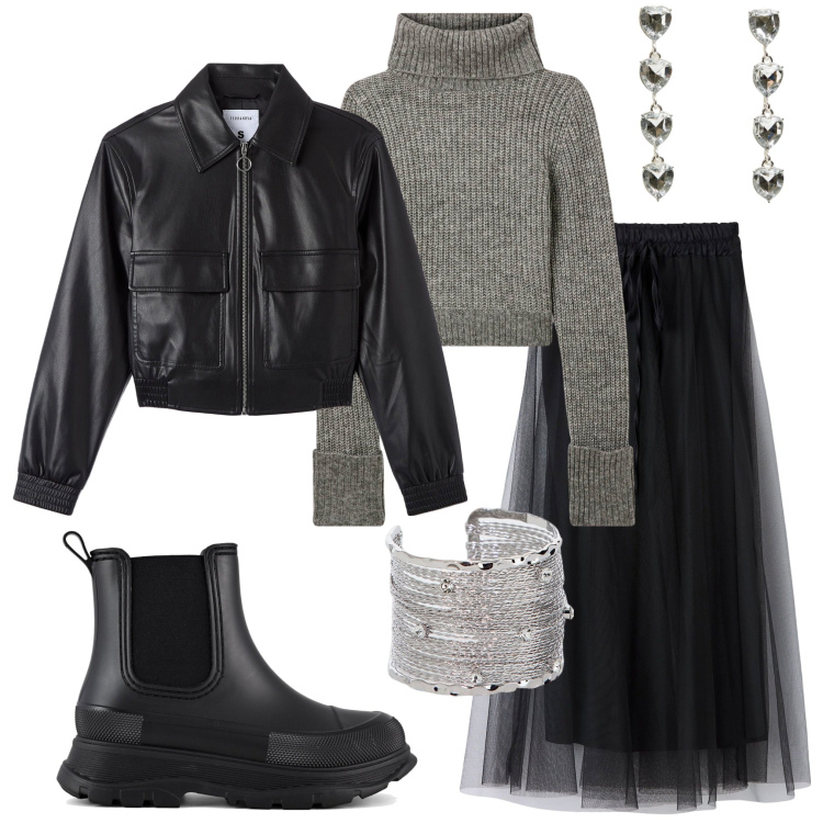 Outfit donna - Serata. Stile Sporty chic per Serata fuori. Abbinamento con gonne lunghe, maglieria, bomber, orecchini, braccialetti, stivali.