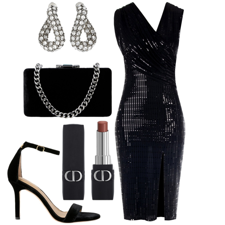 Outfit donna - Serata evento. Stile Chic per Serata fuori. Abbinamento con rossetti, vestiti a tubino, sandali col tacco, clutch, orecchini.